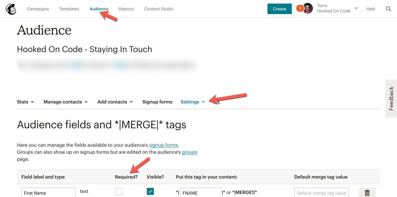 Mailchimp Required Field Settings